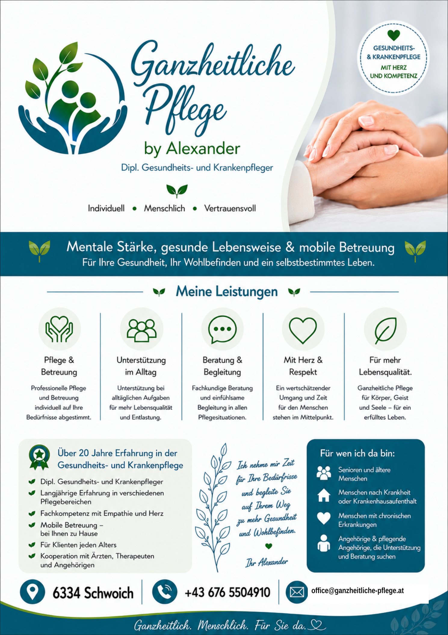 Ganzheitliche Pflege by Alexander – Pflege und Betreuung, Unterstützung im Alltag, Beratung und Begleitung. Dipl. Gesundheits- und Krankenpfleger, 6334 Schwoich.